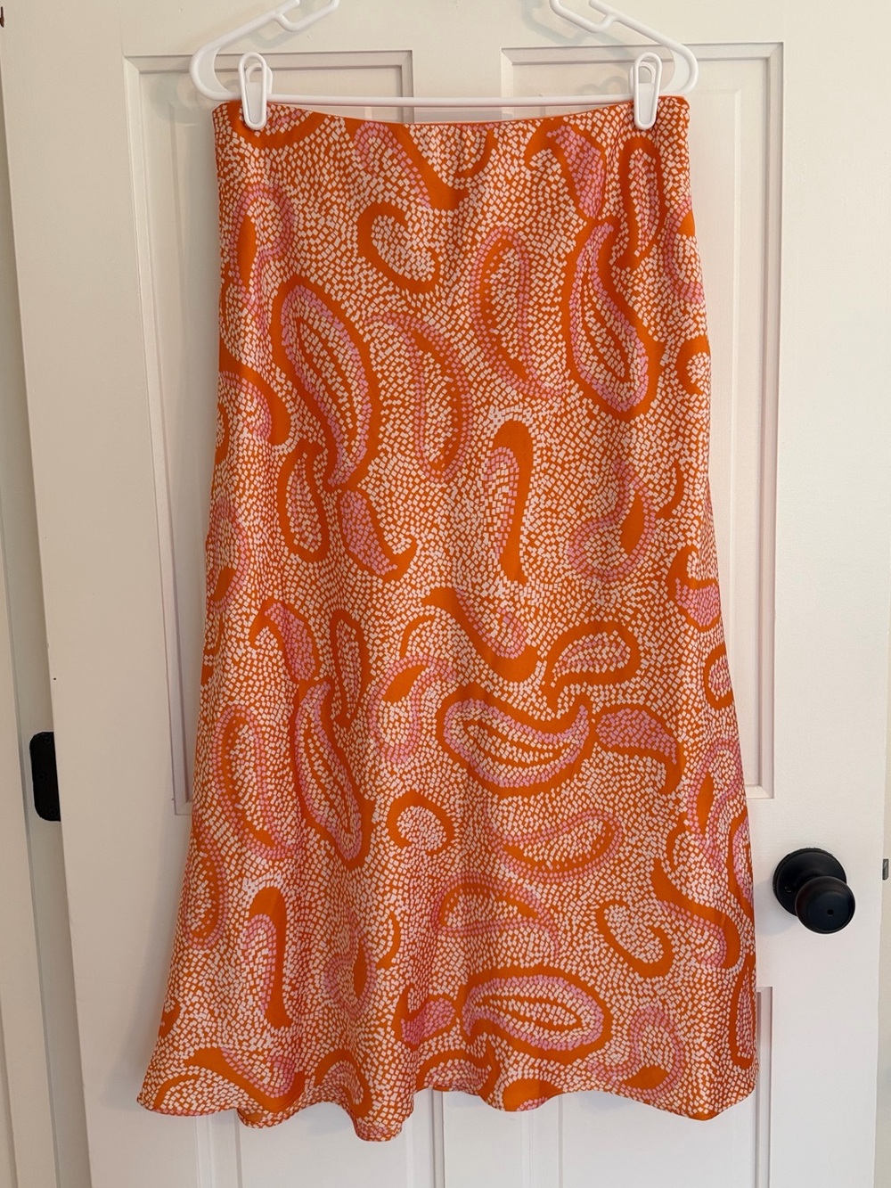 1.STATE Orange Pink Paisley Print Satin Midi Skirt Lined‎ Size 12